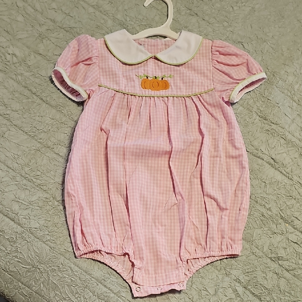 Little English Pink Gingham Romper with Green Trim and Pumpkin Detail